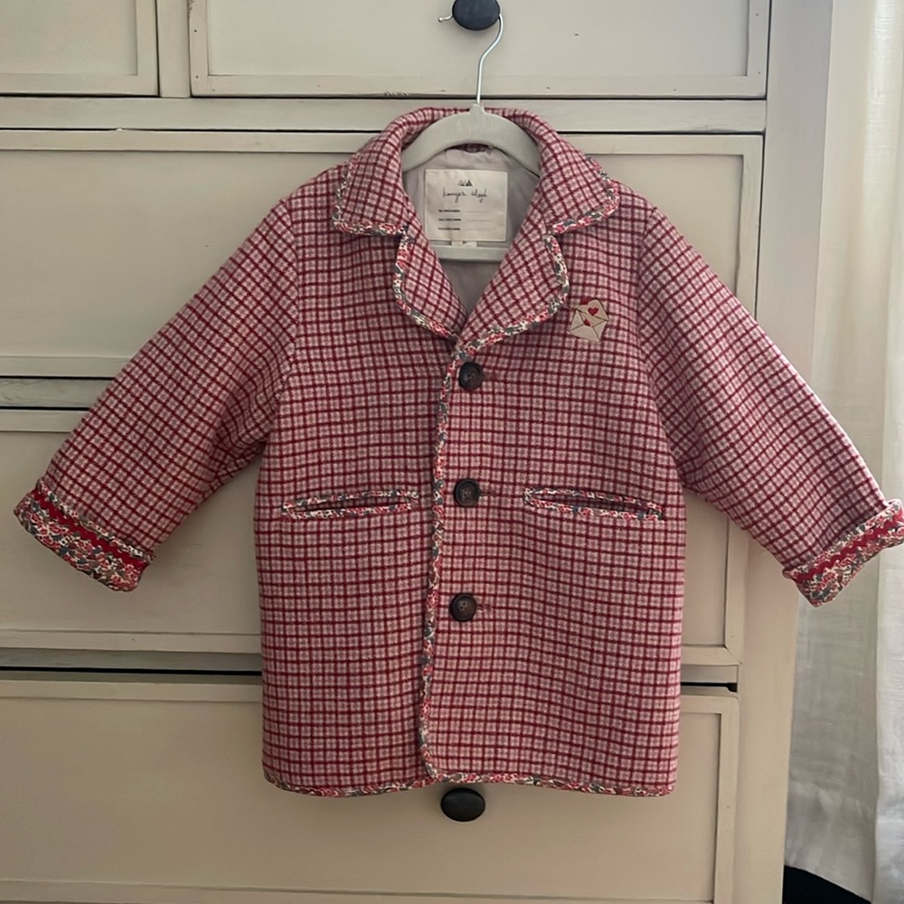 Stylish Kids Pea Coat in Red Checkered Pattern